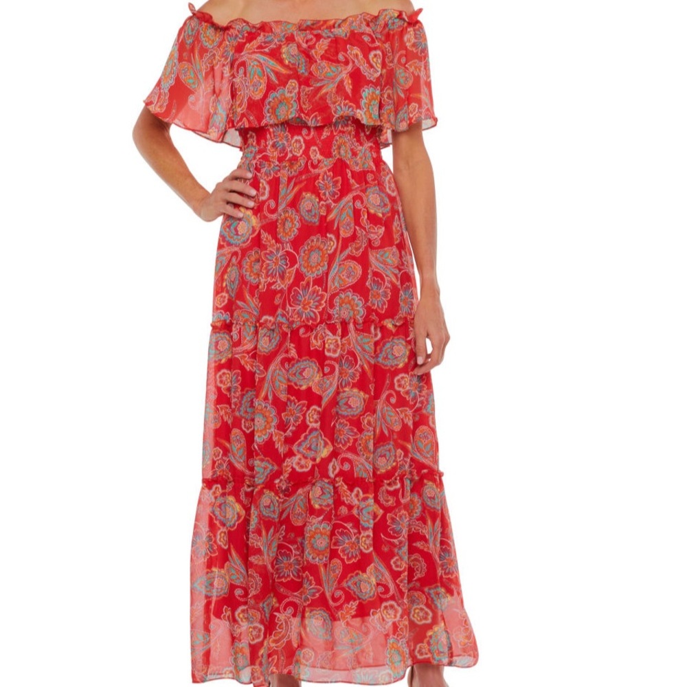 Red Paisley Off-Shoulder Maxi Dress